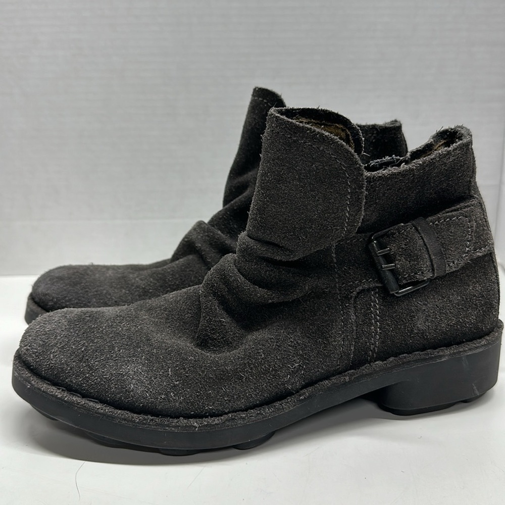 Fly London Ankle Boots Shoes Booties Suede Side Zip Buckle Gray Size 38 US 8